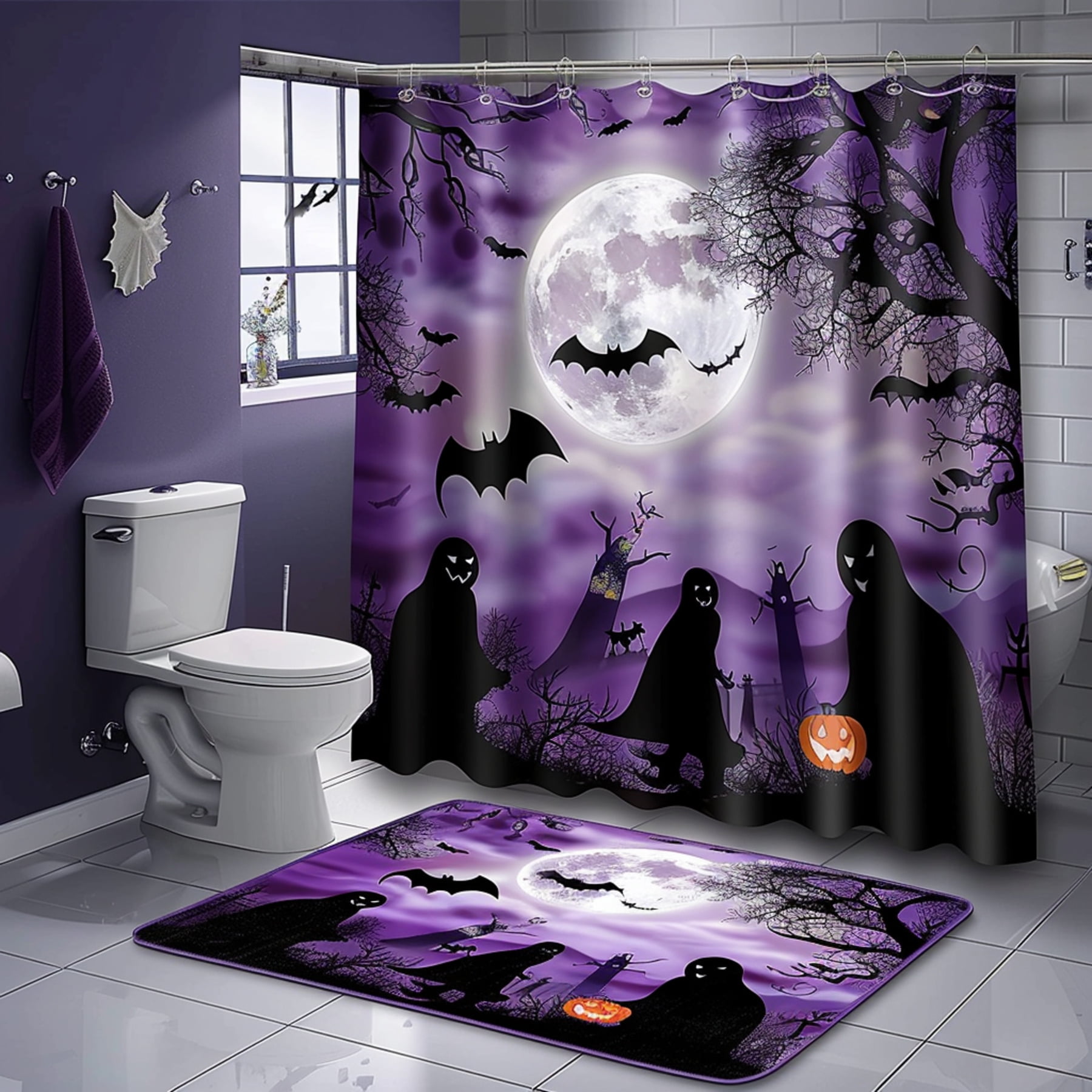 Spooky Purple Halloween Bathroom Set Ghosts Bats Full Moon Print