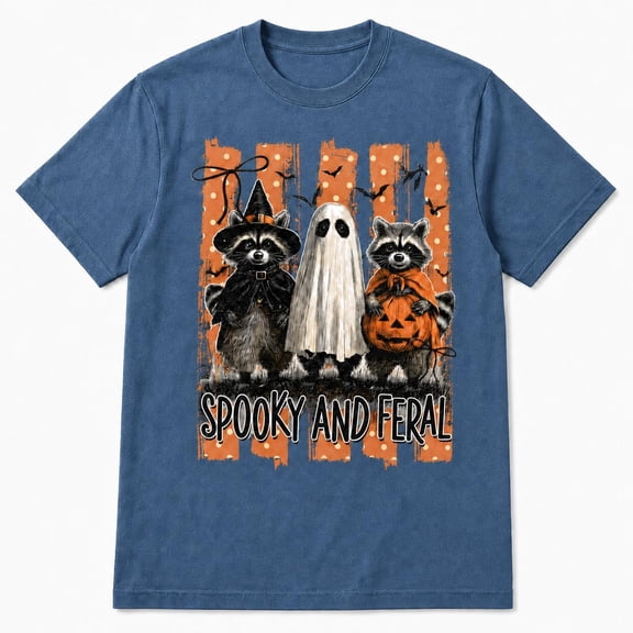 Spooky Raccoon Graphic T-Shirt, Ghost Pumpkin Halloween Design Tee, Funny Fall Animal Shirt