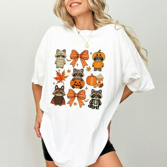 Spooky Raccoon Womens Graphic Tee Shirt Coquette Halloween Pumpkin Tops Crew Neck Short Sleeve White S-5XL