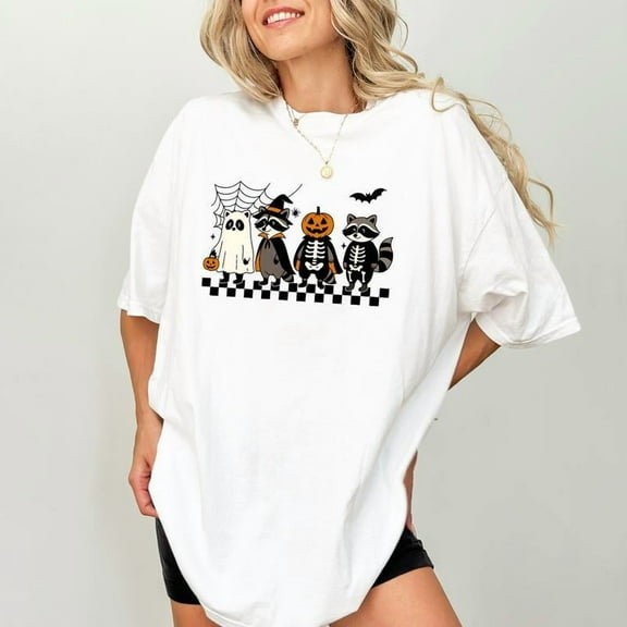 Spooky Raccoon Womens Graphic Tee Shirt Funny Halloween Cute Tops Fashion Crew Neck Short Sleeve White S-5XL