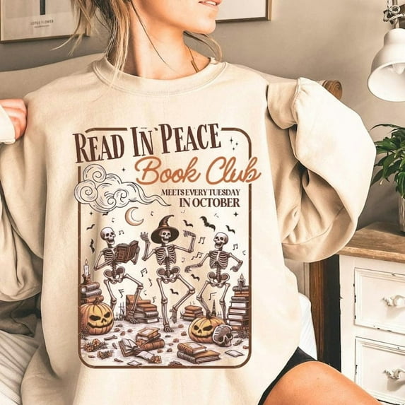 Spooky Readers Book Club Sweatshirt, Skeleton reading Sweatshirt, retro fall pumpkin bow Sweatshirt, fall coquette, cozy girl season, Read in Peace Sweatshirt