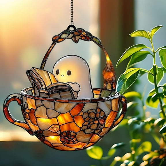 Spooky Reading Ghost Teacup Sun Catcher, 2D Flat Acrylic Sun Catchers for Window Hanging, Halloween Hanging Halloween Window Ghost Decor, Halloween Decoration Spooky Gift