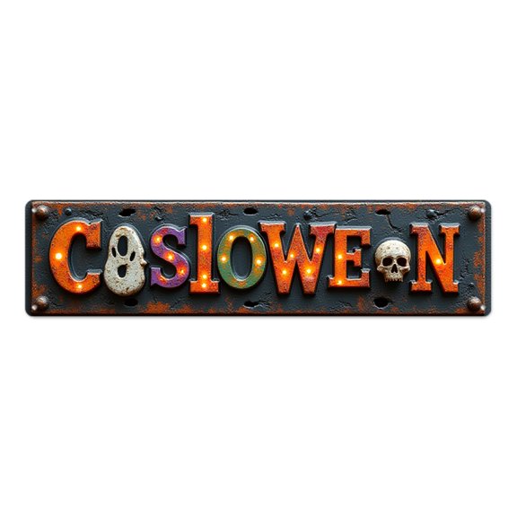 Spooky Rustic Plaque 16*4 in Lighted Letters Weathered Texture tin signs"COSLOWEEN text with ghost and skull" grunge wall art stoner room metal outdoor garage Illuminated bulbs