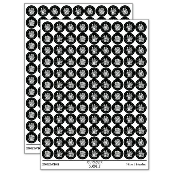 Spooky Scary Haunted House Mansion with Bats Broken Windows 200+ Round Stickers - Black - Gloss Finish - 0.50" Size