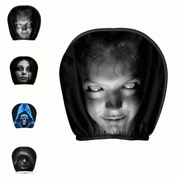 Spooky Scary Headrest Covers for Cars, Glowing Blue Hooded Skull Printed Car Headrest Protector, Breathable Elastic Fabric Auto Interior Halloween Accessories (A)