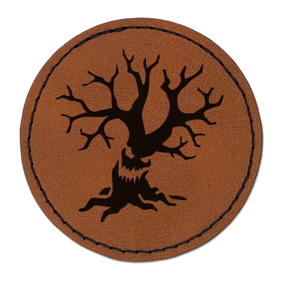 Spooky Scary Tree Monster Halloween 2.5" Faux Leather Round Engraved Iron-On Patch - Brown