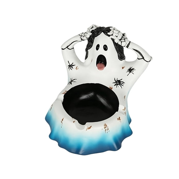 Spooky Screaming Ghost Resin Ashtray with Spider Print, Funny Gothic Figurine Ash Tray with Cigarette Slots, Decorative Tabletop Ornament for Indoor Halloween Decor Home Bar Patio Man Cave Supplies