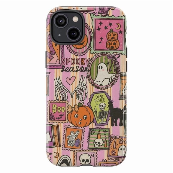 Spooky Season Collage Phone Case for iPhone 16 15 14 13 12 11 Pro Max Mini Plus – Cute Halloween Ghost, Pumpkin, Skeleton & Pastel Goth Design for Halloween Phone Cover