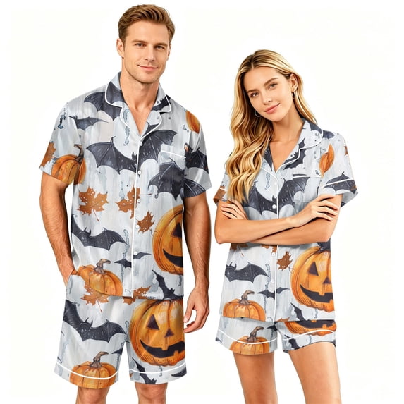 Spooky Season Couples Matching Pajamas Set Halloween Print Short Sleeve Button Up Sleepwear and Shorts Festive Sleepwear Attire