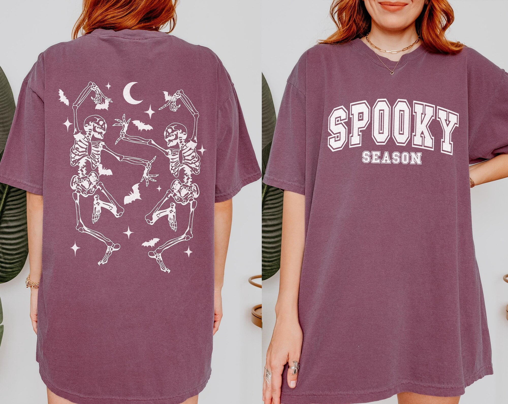 Spooky Season Fall Skeletons Front And Back Graphic Tee Cute Trendy ...