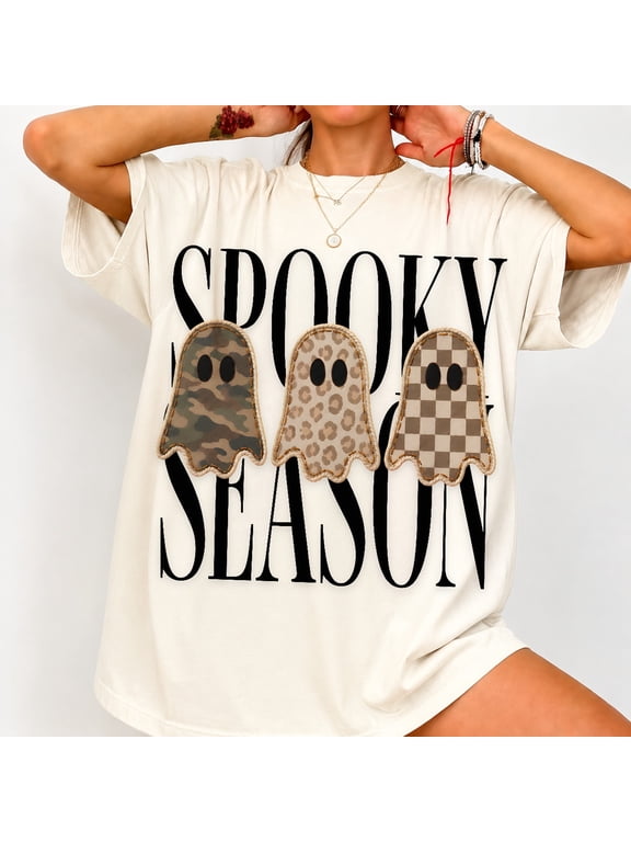 Spooky Season Ghost Graphic Tee Three Patterned Ghosts with 'Spooky Halloween Ghost Shirt Fall Season Apparel