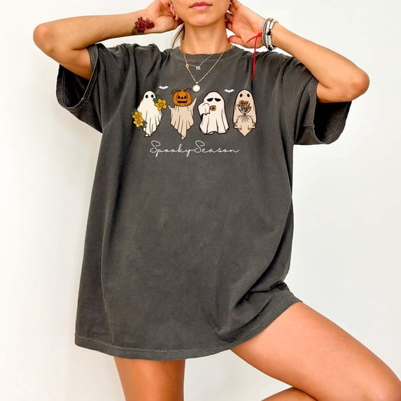 Spooky Season Ghost Shirt: Fall Pumpkin, Coffee, & Flower Design All Size S-5Xl