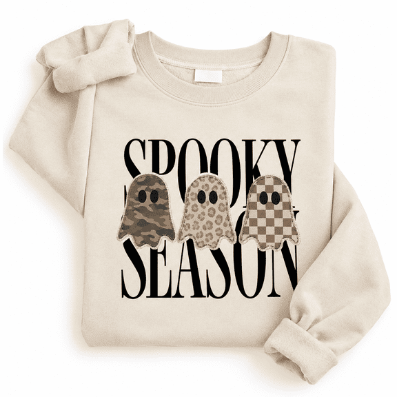 Spooky Season Ghost Sweatshirt for Women, Cute Halloween Graphic Crewneck Pullover Sand