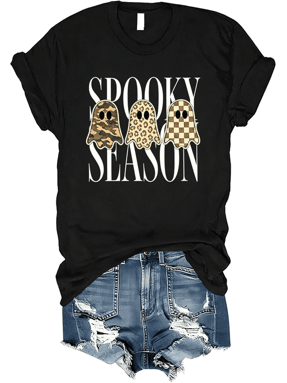 Spooky Season Ghosts T-Shirt Halloween Leopard Camo Checkered Ghost Shirt Casual Short Sleeve Tee Tops