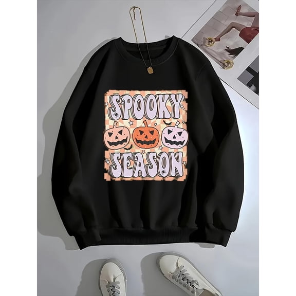 Spooky Season Graphic Hoodie Pumpkin Sweatshirt Round-neck long-sleeved Top in Black S-3XL