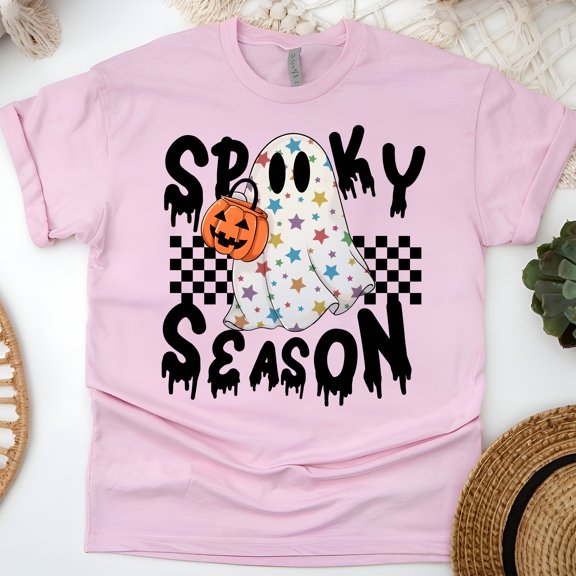 Spooky Season Graphic T-Shirt | Cute Ghost with Pumpkin Print Tee, Light Pink, Size M