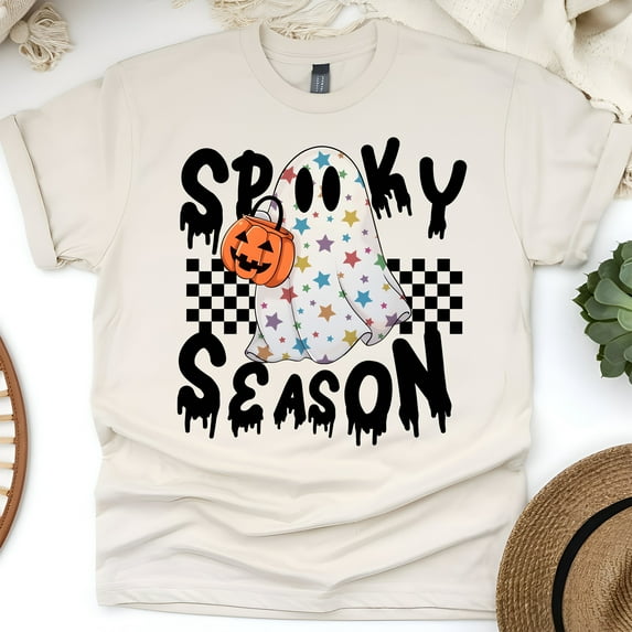Spooky Season Graphic T-Shirt | Cute Ghost with Pumpkin Print Tee, Natural, Size 3XL