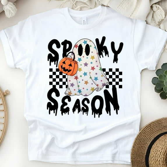 Spooky Season Graphic T-Shirt | Cute Ghost with Pumpkin Print Tee, White, Size XL