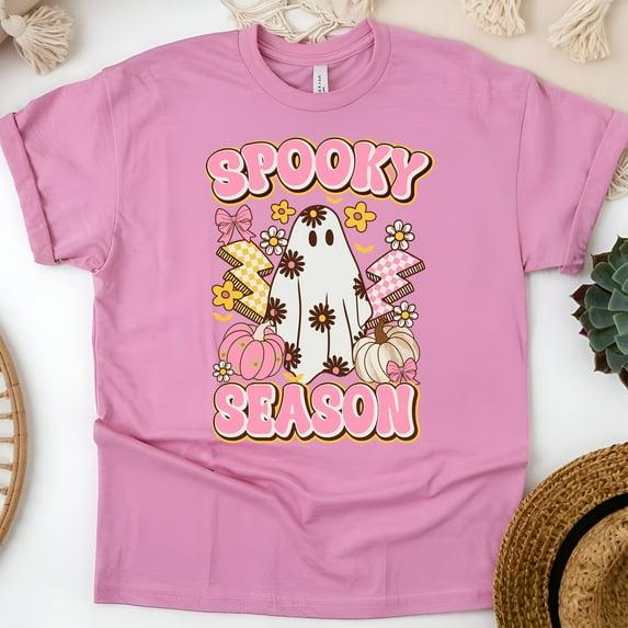 Spooky Season Graphic T-Shirt | Cute Pastel Ghost and Pumpkin Tee, Azalea, Size 2XL