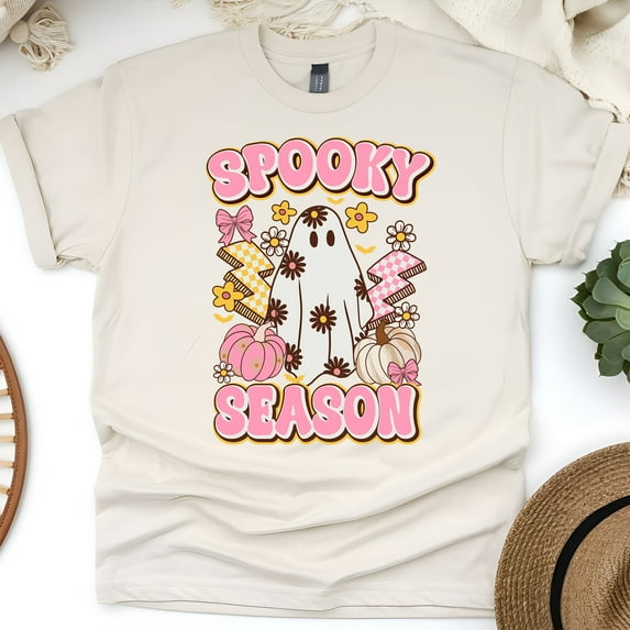 Spooky Season Graphic T-Shirt | Cute Pastel Ghost and Pumpkin Tee, Natural, Size M