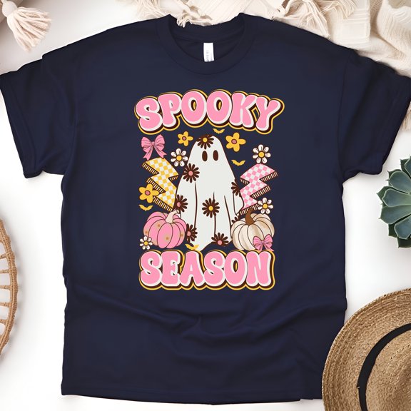 Spooky Season Graphic T-Shirt | Cute Pastel Ghost and Pumpkin Tee, Navy, Size M