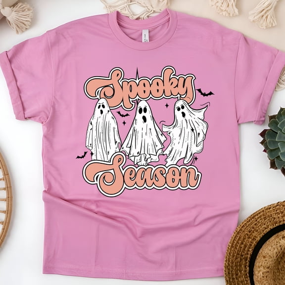 Spooky Season Graphic T-Shirt Retro Ghosts Cute Scary Tee, Azalea, Size XL