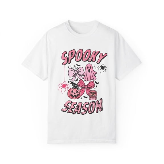 Spooky Season Graphic Tee Halloween Ghosts Pumpkins Design Fall Comfort Cotton T-Shirt White S-5XL