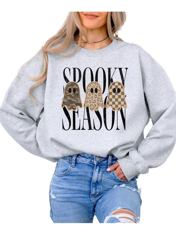 Spooky Season Halloween Sweatshirt for Women Ghost Crewneck, Gray Sweatshirt, L