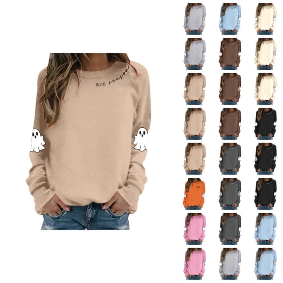 Spooky Season Halloween Sweatshirts for Women 2025 Cute Ghost Graphic Long Sleeve Crewneck Sweatshirt Pullover Tops