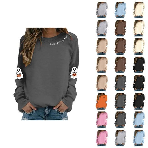 Spooky Season Halloween Sweatshirts for Women 2025 Cute Ghost Graphic Long Sleeve Crewneck Sweatshirt Pullover Tops