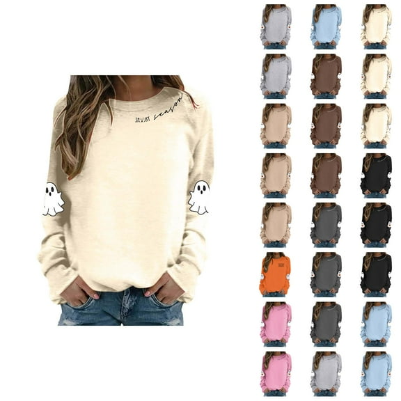 Spooky Season Halloween Sweatshirts for Women 2025 Cute Ghost Graphic Long Sleeve Crewneck Sweatshirt Pullover Tops