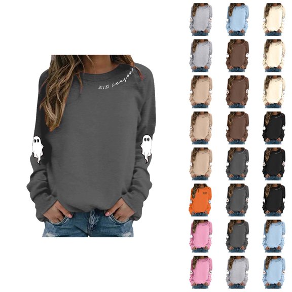 Spooky Season Halloween Sweatshirts for Women 2025 Cute Ghost Graphic Long Sleeve Crewneck Sweatshirt Pullover Tops