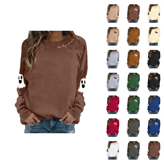 Spooky Season Halloween Sweatshirts for Women 2025 Long Sleeve Crewneck Cute Ghost Graphic Sweatshirt Pullover Tops