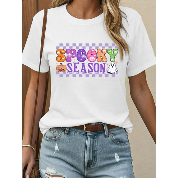 Spooky Season Halloween Tee Colorful Graphic T Shirt Tops Orange Purple Festive Casual Comfort White S-5XL