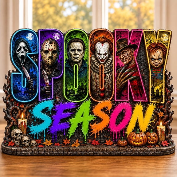 Spooky Season Horror Club Wooden Block Decor, Slasher Movie Halloween Shelf Sitter