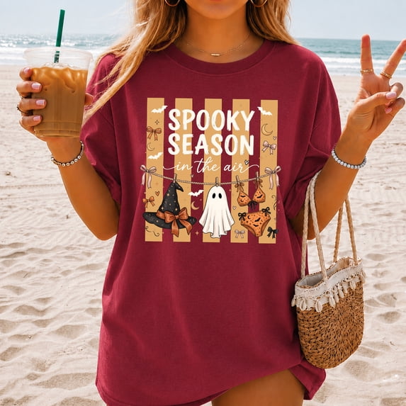 Spooky Season In The Air Shirt, Cute Coquette Ghost Halloween T-Shirt, Retro Halloween Shirt, Bow Witch Hat Womens Tee