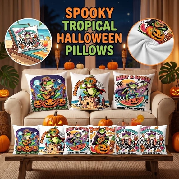 Spooky Season Indoor Decoration, Halloween Throw Pillow Covers, Decorative Pillow, Summer Funny Frog Print 18X18 Inch Linen Pillow Cover, Lightweight Reversible Washable Pillow