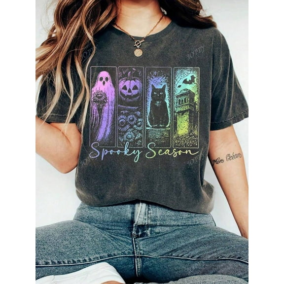 Spooky Season Nightmare Before Christmas Halloween Clothes, Women Casual Round Neck Short Sleeve T-Shirt With Ghost Pattern, Autumn