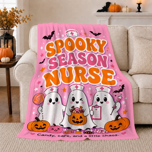 Spooky Season Nurse Ghost Halloween, Festive Halloween Scene, Warm Flannel Blanket for Living Room and Reading Nook, Art Lovers Halloween Gift, Festive Home Decor