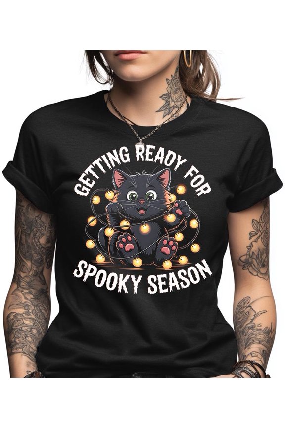Spooky Season Shirt | Cute Black Cat Halloween Tee | Funny Kitten with Lights | Fall Autumn Cat Lover Gift | Festive Feline Apparel