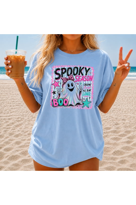 Spooky Season Shirt, Cute Ghost Halloween T-Shirt, Boo Coquette Pink Ghost Tee, Retro Halloween Womens Shirt