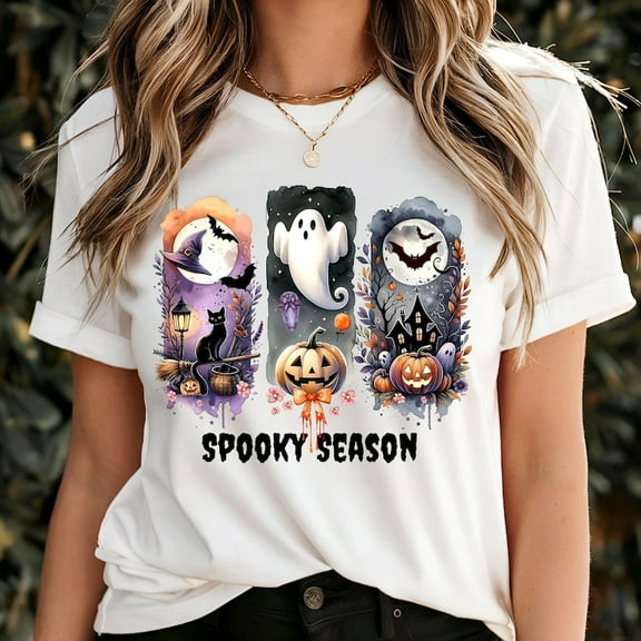 Spooky Season Shirt, Halloween Ghost Tee with Witchy Vibes, Brushstroke Shirt Design, Cute Spooky Cat Graphic T-Shirt for Fall Lovers