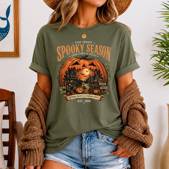 Spooky Season Shirt, Vintage Gothic Halloween T-Shirt, Black Cat Ghost Scarecrow Tee, Cottagecore Fall Womens Shirt