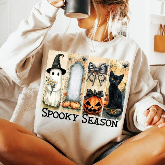Spooky Season Shirt, Vintage Halloween Ghost Tee with Coquette Pumpkin, Witchy Vibes Fall Sweatshirt, Trendy Brushstroke Halloween T-Shirt