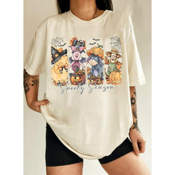 Spooky Season Shirt Winnie the Pooh, Disney Pooh Halloween Shirt, Disney Friends Pumpkin Shirt, Halloween Piglet Tigger Eeyore Tee,Ivory Color,Size L
