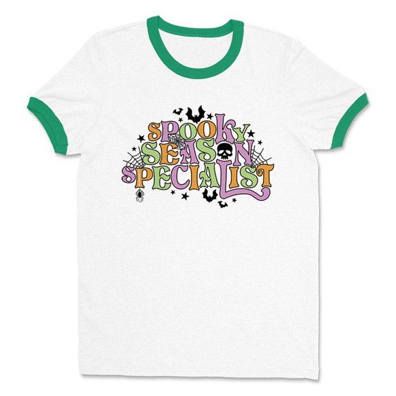 Spooky Season Specialist Ringer Tee Shirt Unisex Large White/Kelly Green