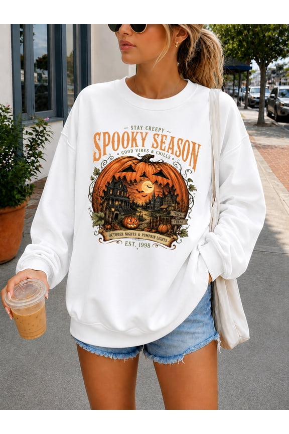 Spooky Season Sweatshirt, Vintage Gothic Halloween Crewneck, Black Cat Ghost Scarecrow Pullover, Cottagecore Fall Womens Sweatshirt