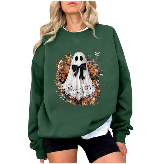 Spooky Season Sweatshirt Women Halloween Graphic Crewneck Long Sleeve Funny Ghost Pullover Casual Cute Sweater