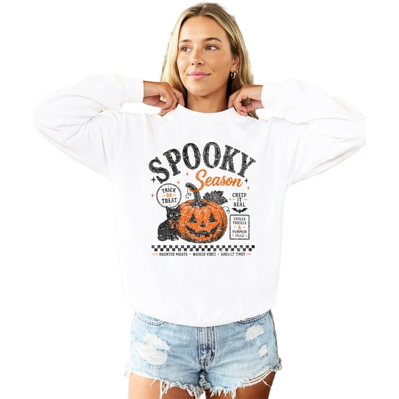 Spooky Season Sweatshirt for Women Halloween Pumpkin Black Cat, White Sweatshirt, M