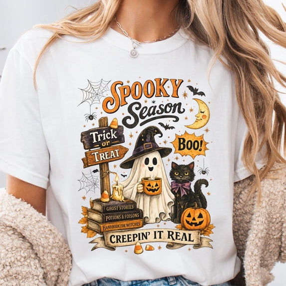 Spooky Season T-Shirt, Creepin It Real Ghost Cat Tee, Halloween Shirt, Black Cat Ghost Fall Graphic Tee